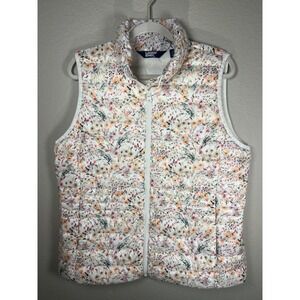 Lands End Womens Puffer Vest Size L Large Floral White Down Filled Full Zip